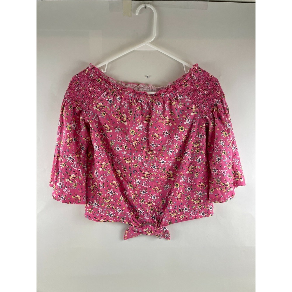 Cloud Chaser Shirt Girls Size XL Pink Floral Elastic Neck Off Shoulder Front Tie